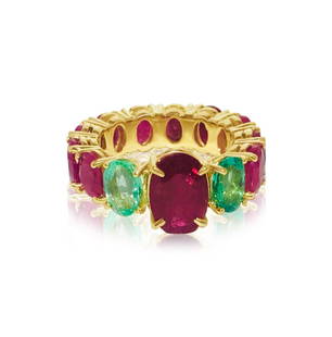 GIA Certified 12.70 Carat Ruby Emerald Cocktail Ring: Metal: 14k Yellow Gold.Center stone: 100% natural earth mined ruby. 3.50 carat, Oval shapeSide Stones (emerald): 100% natural earth mined Colombian Emeralds, Oval shape. 1.70 carat total.Side Stones