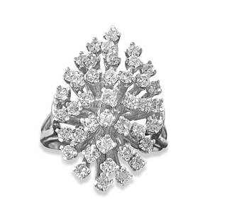 1.80 Carat Diamond White Gold Cocktail Ring 14k Gold: Metal: 14k white gold.Diamonds: 1.80 CWT. VS clarity and F color. Round cut diamonds.Gorgeous 100% natural earth mined Diamonds.Contemporary engagement ring.Ring size: US 6.25Free ring resizing