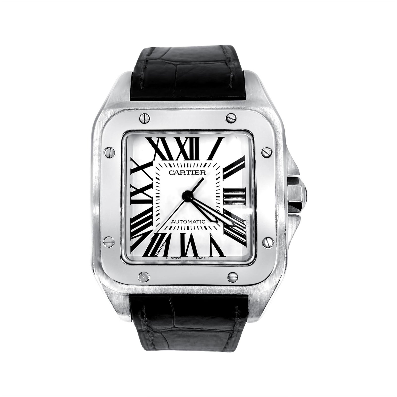 Cartier Santos 100 XL Stainless Steel Mens Watch: Brand: Cartier. Santos 100 XL. Leather straps. Automatic watch. No date. 38mm. White dial. Mint condition. No box no papers. Mens watch.