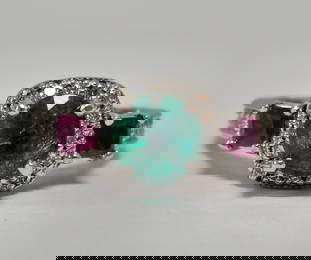 3.25ct Emerald, Ruby & Diamond Cocktail Ring in 14k Gold
