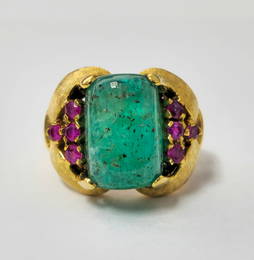 Rare 12.11 Carat Colombian Emerald & Ruby Ring in 14k Gold