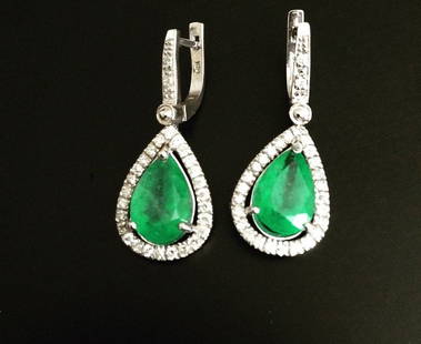 Diamond And Emerald Earrings: 14k White Gold Diamond and Emerald Earring Certified by AGI NY 6.00 CT Natural Colombian Emerald & 1.00 CT Diamond