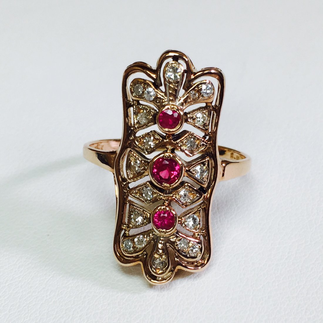 14K Rose Gold, 1.10 ct Diamond and Ruby Antique Ring. (1 of 1)
