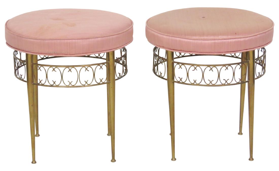 Pair GIO PONTI STYLE BRASS UPHOLSTERED STOOLS (1 of 3)