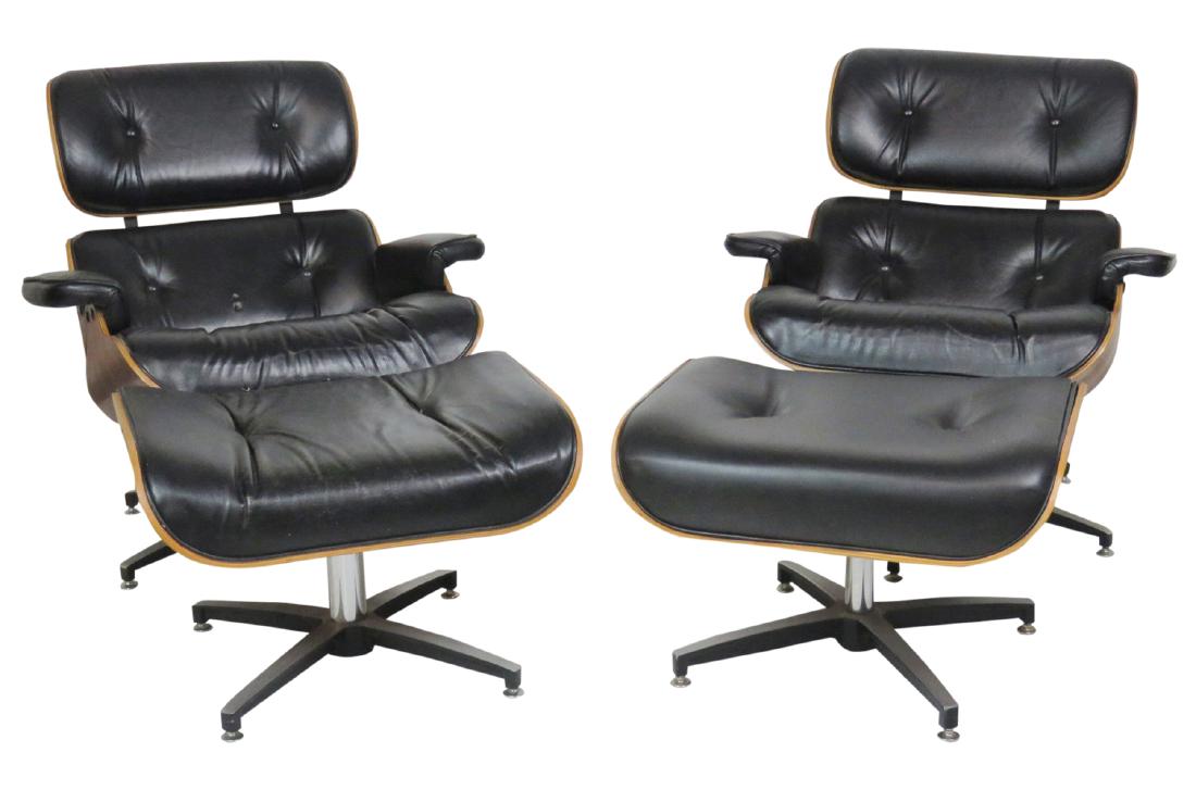 Pair CHARLTON COMPANY TUFTED UPHOLSTERED LOUNGE CHAIRS: Chrome swivel bases. Black tufted naugahyde. Rosewood veneer backs. 33"h. x 32"w. x 35"d.