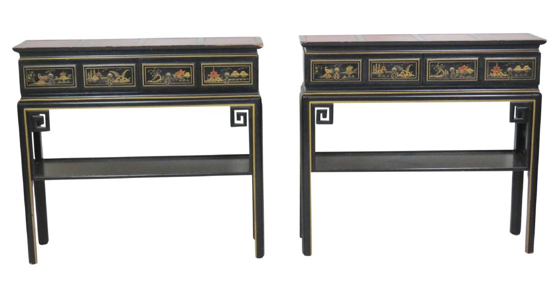 Pair CHINOISERIE DECORATED LEATHERTOP CONSOLES (1 of 6)