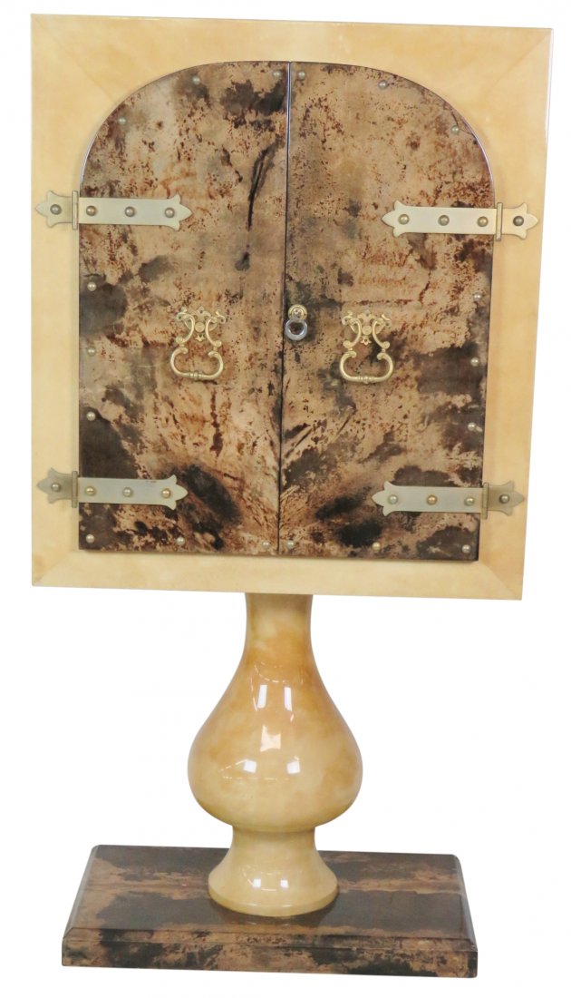 ALDO TURA LACQUERED GOATSKIN BAR: Lacquered goatskin frame. Mirrored interior with glass shelf. 62"h. x 31 1/2"w. x 15 3/4"d.