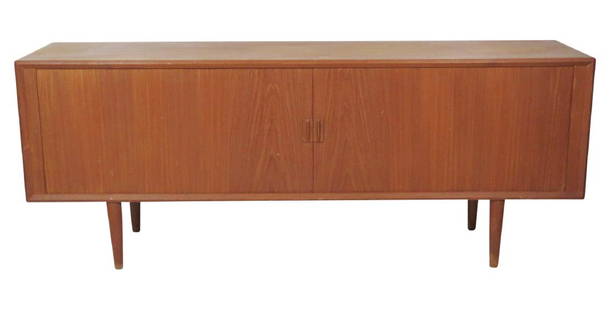 POVL DINESEN MODERN TEAK TAMBOUR DOOR SIDBOARD: Teak frame. Marked Povl Dinesen cabinetmaker. 31 1/2"h. x 79 3/4"w. x 19 1/4"d.