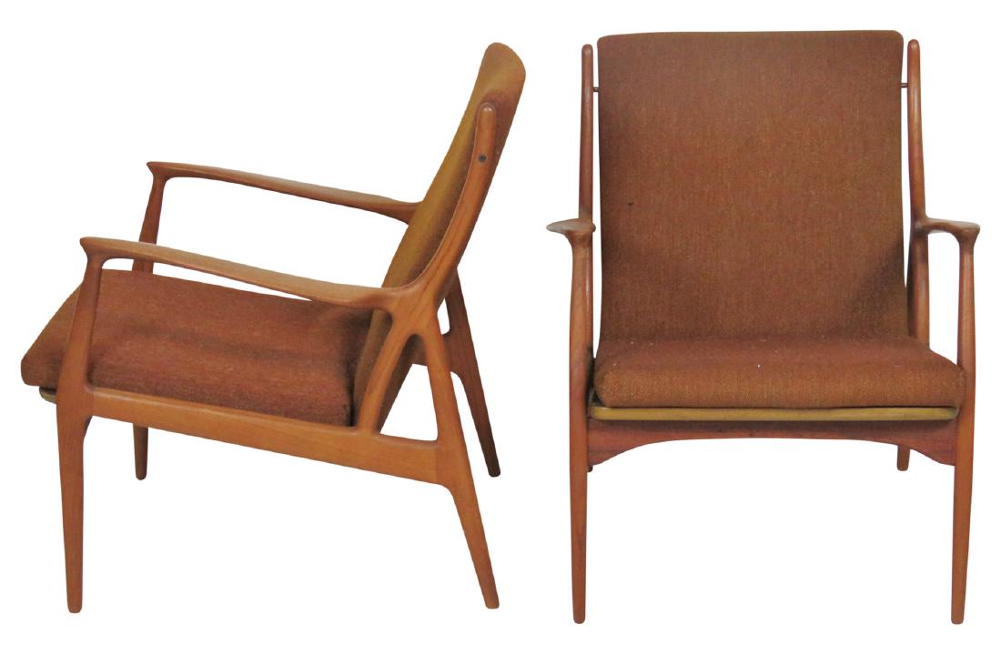 Pair ERIK ANDERSEN PALLE PEDERSEN for HORSNAES CHAIRS: Teak frame. Orange upholstery. 31 1/2"h. x 27"w. x 29 1/2"d.
