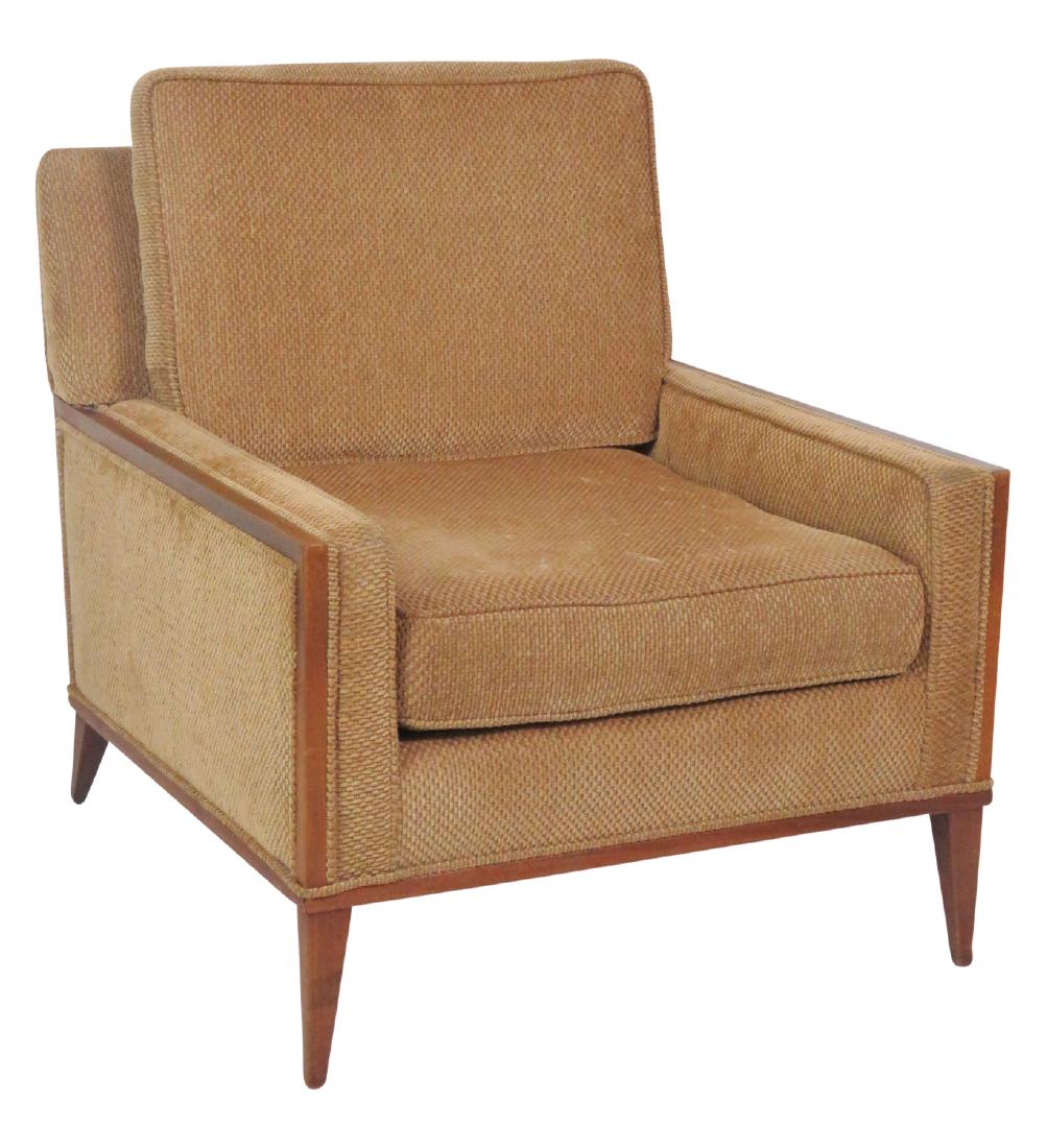 PAUL MCCOBB UPHOLSTERED LOUNGE CHAIR: Beige upholstery with walnut frame. 34 1/2"h. x 29"w. x 32"d.