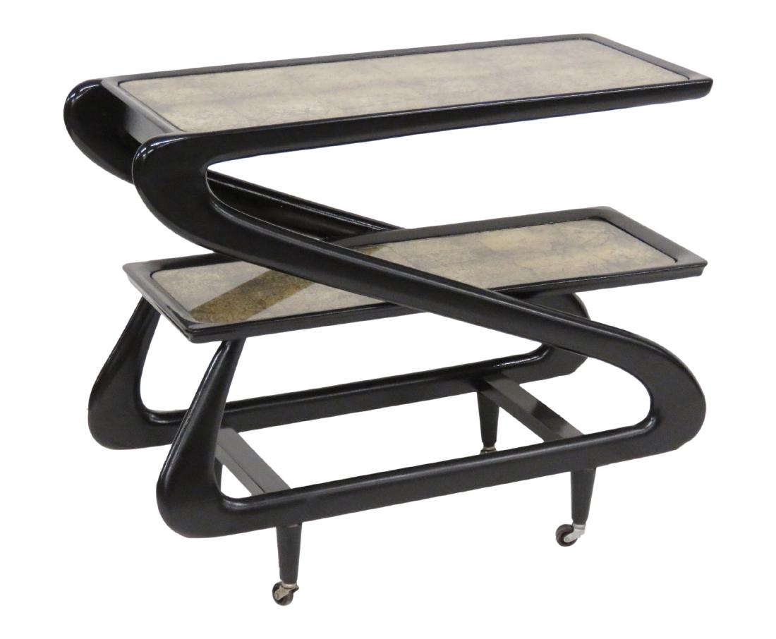 ZANUSO STYLE EBONIZED & GOLD LEAF BAR CART: Ebonized painted frame. Glass top with gold leaf. 26 1/4"w. x 31 1/2"w. x 13 1/2"d.