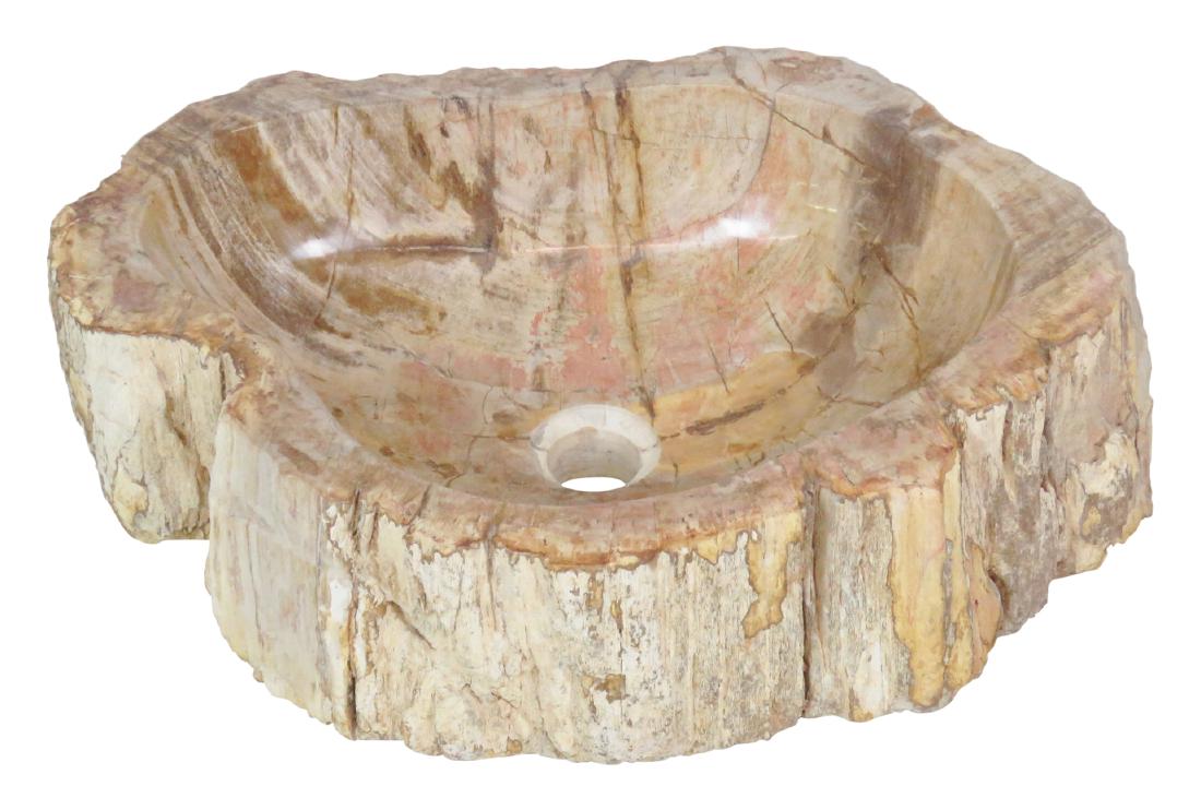 MODERN ORGANIC FORM PETRIFIED WOOD SINK: Petrified wood base with drilled hole for sink drain. 7 1/2"h. x 20"w. x 15"d.