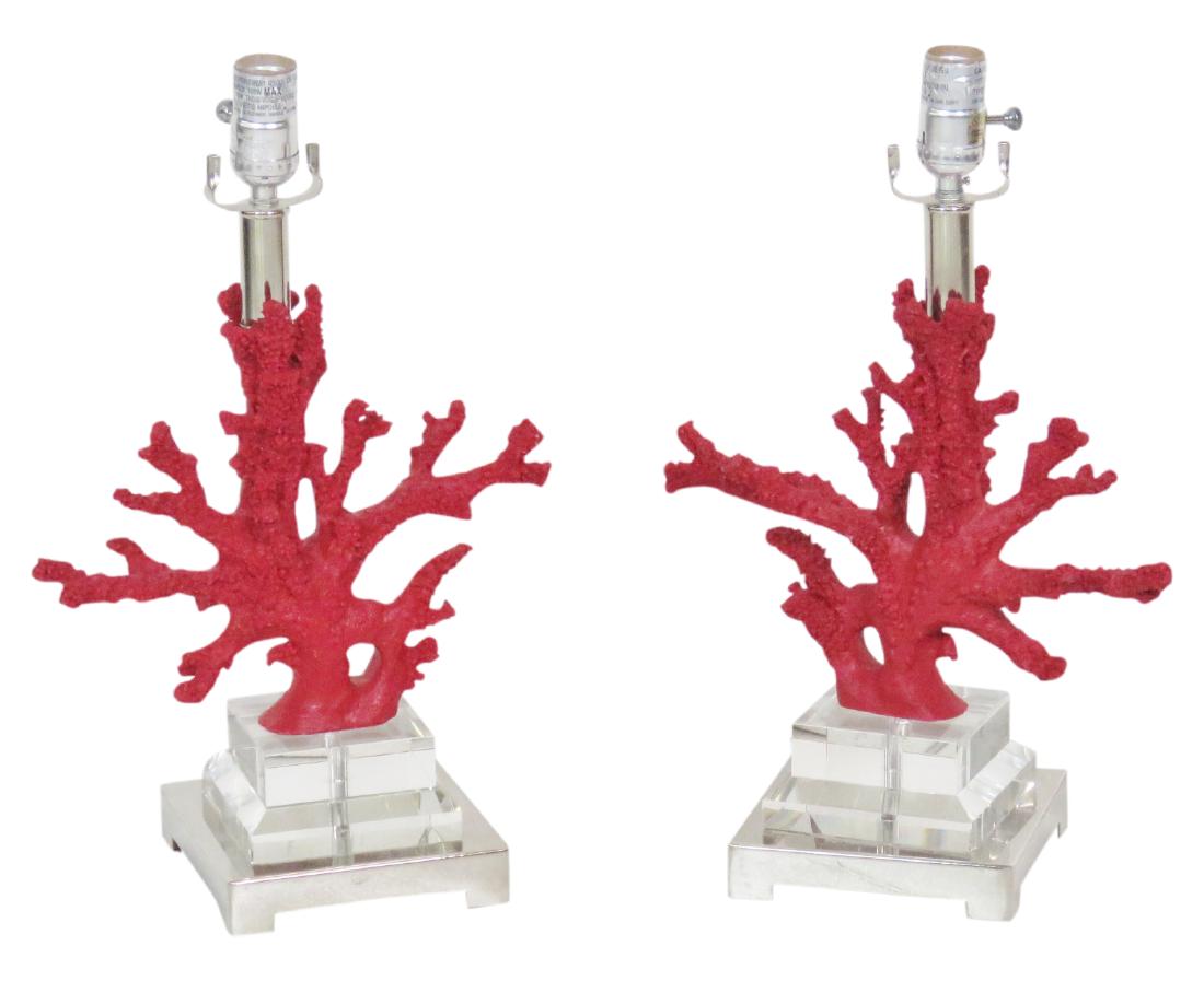 Pair RED CORAL & LUCITE TABLE LAMPS (1 of 4)