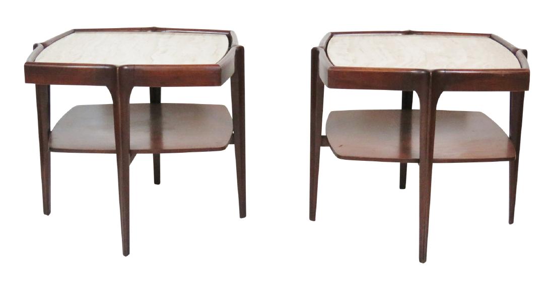 Pair BERTHA SCHAFER TRAVERTINE MARBLETOP SIDE TABLES (1 of 5)