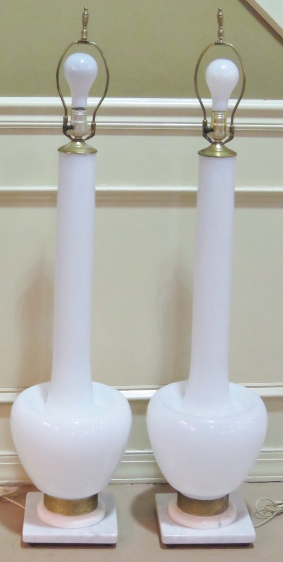 Pair WHITE OPALINE GLASS & BRASS TABLE LAMPS (1 of 4)
