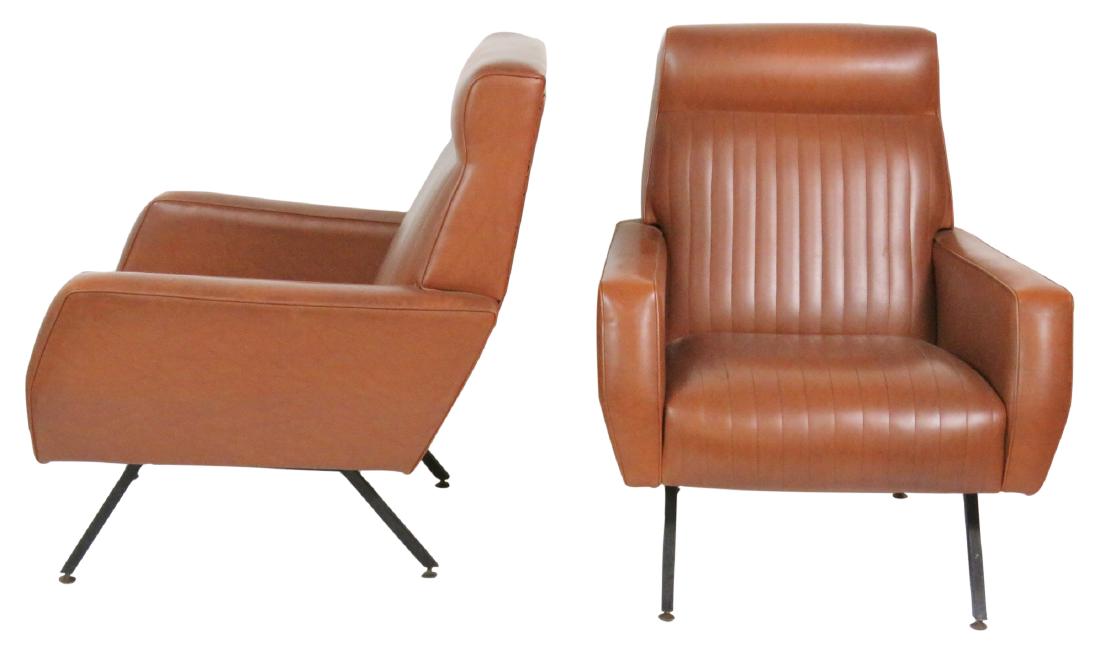 Pair ITALIAN MODERN METAL LEG LOUNGE CHAIRS: Black metal legs. Brown Naugahyde. 35 1/4"h. x 30"w. x 30"d.