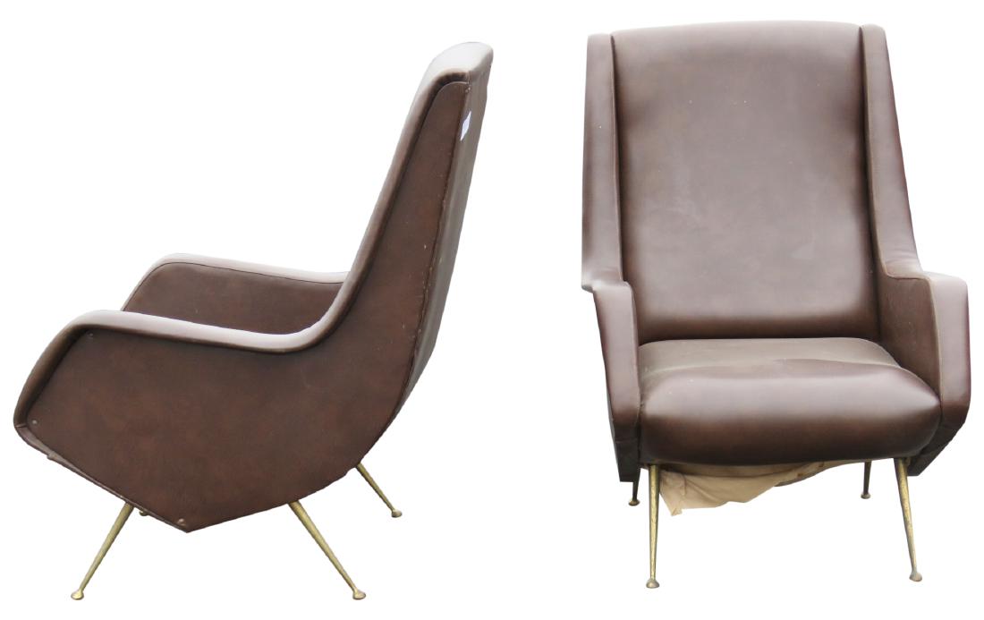 Pair GIO PONTI STYLE BRASS LEG LOUNGE CHAIRS (1 of 4)