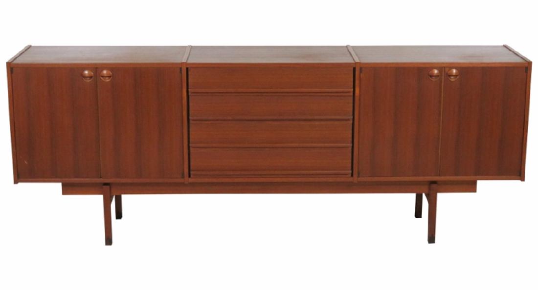 SCANDINAVIAN TEAK SIDEBOARD: Teak with doors and drawers. 32 1/2"h. x 87 1/2"w. x 17 3/4"d.