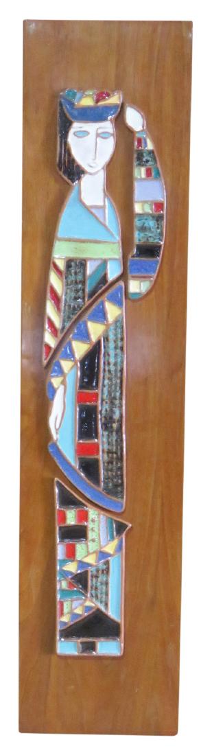 HARRIS G. STRONG TILED FIGURE: Harris G. Strong tag. Decorative tile of a figure on board. 41 1/2"h. x 9 1/2"w.