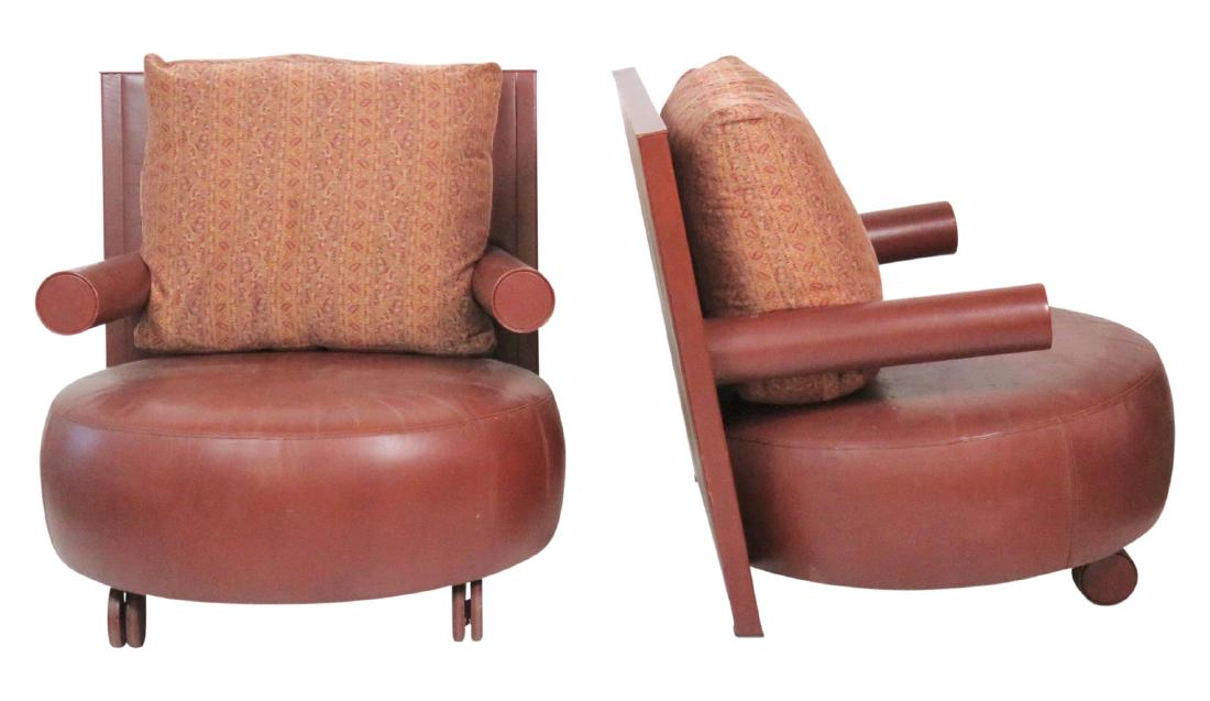 B & B ITALIA ANTONIO CITTERIO MODERN LOUNGE CHAIRS: Brown leather upholstery. 42"h. x 34"w. x 39"d.