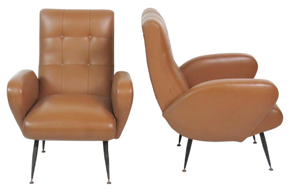 Pair ITALIAN MODERN METAL LEG LOUNGE CHAIRS: Black metal legs. Brown tufted Naugahyde. 33"h. x 26"w. 33 1/2"d.