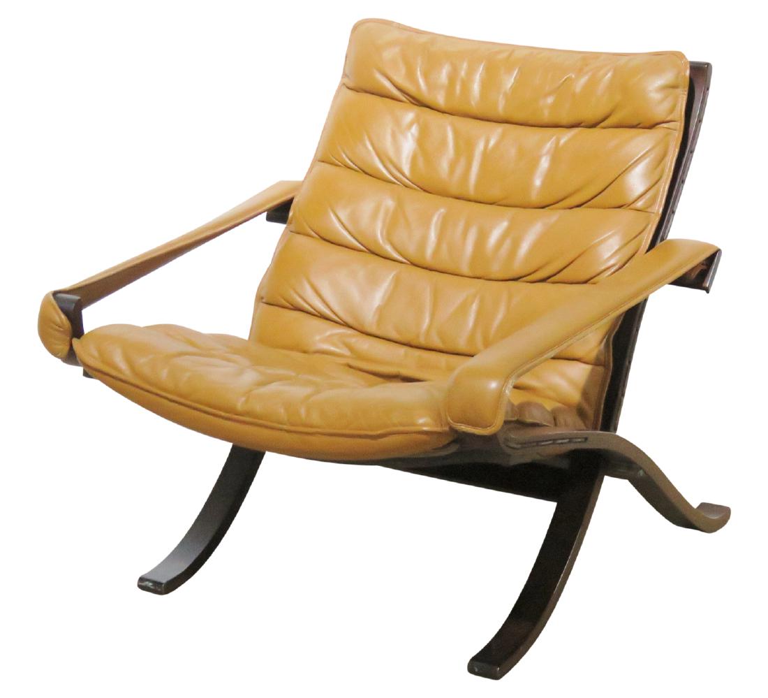 WESTNOFA DANISH MODERN LEATHER LOUNGE CHAIR: Brown tufted leather cushions. Folding frame. 29"h. x 29"w. x 29"d.