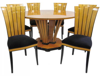 CHARLES PHIPPS & SONS ART DECO STYLE INLAID DINING SET: Ebonized Satinwood inlay. Marked Eliel Saarinen, 1929. Reproduced under license from Cranbrook Academy of Art and Saarinen Family Estate. Arkitektura Inc. Charles Phipps & Sons Lexington Michigan, 