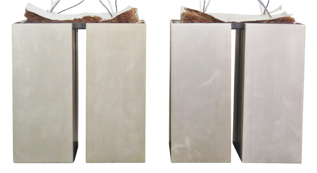Pair LIGHTOLIER MODERN DESIGN METAL HANGING LIGHTS: Decorative metal. 10 1/2"h. x 10"sq.