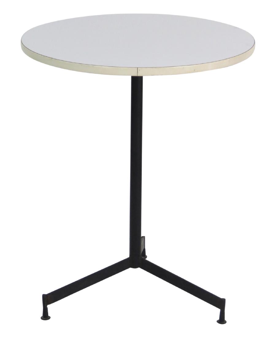 PAUL McCOBB METAL LEG HIGHTOP TABLE: Black metal base. White laminate top. 29 3/4"h. x 24"diam.