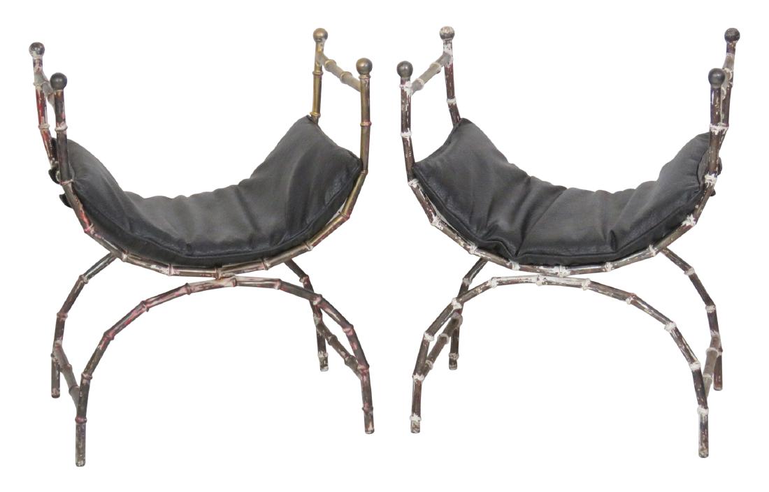 Pair FAUX BAMBOO DISTRESS PAINTED CURULE STOOL (1 of 4)