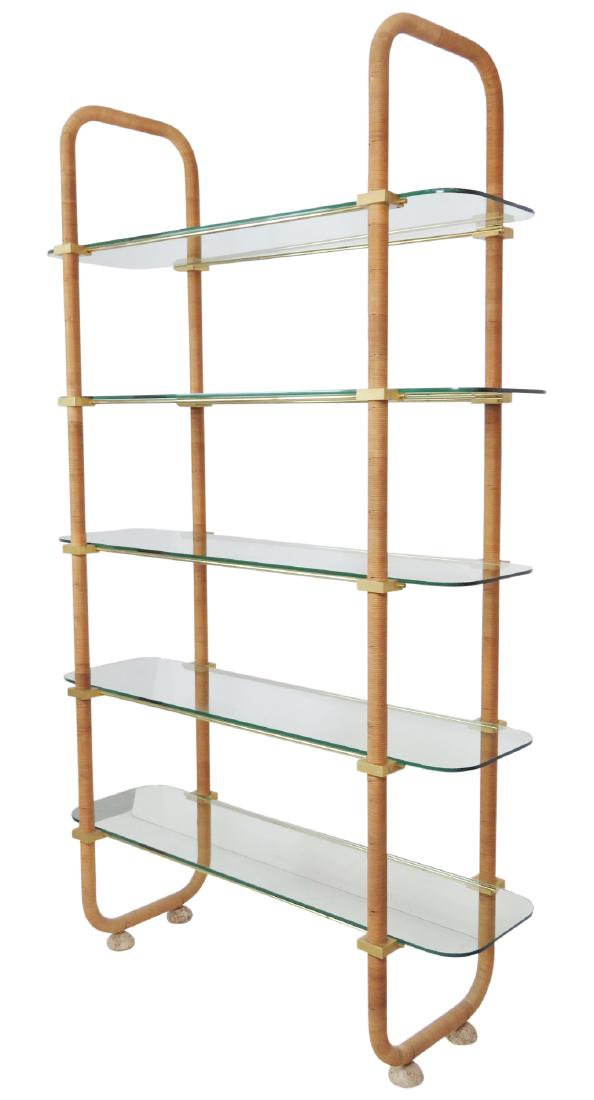 MODERN DESIGN BRASS & WOOD WRAPPED GLASS ETAGERE (1 of 7)