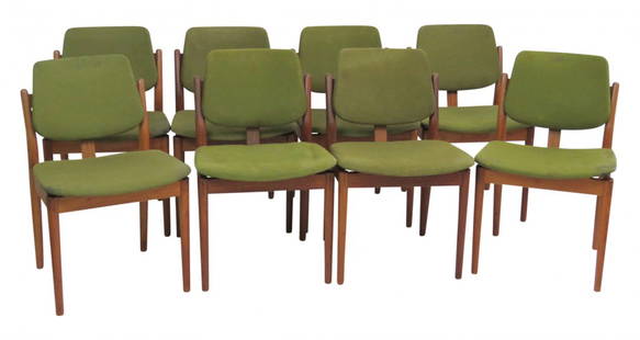 8 ARNE VODDER for SIBAST DANISH MODERN DINING CHAIRS: Green upholstery. Sibast Furniture tag. 30 1/4"h. x 19 1/2"w. x 20"d.