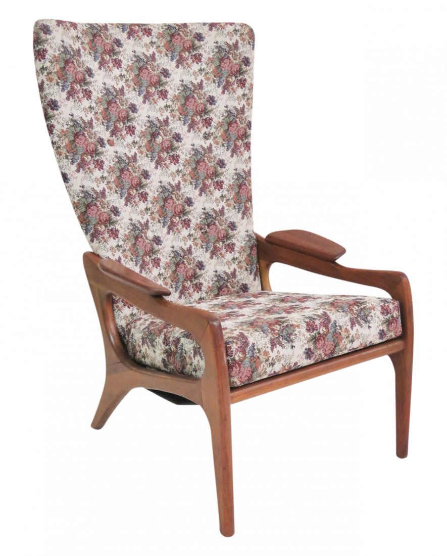 ADRIAN PEARSALL HIGHBACK C-CHAIR: Solid walnut sculptured exposed frame. Floral upholstery. 41 1/2"h. x 25"w. x 34"d.