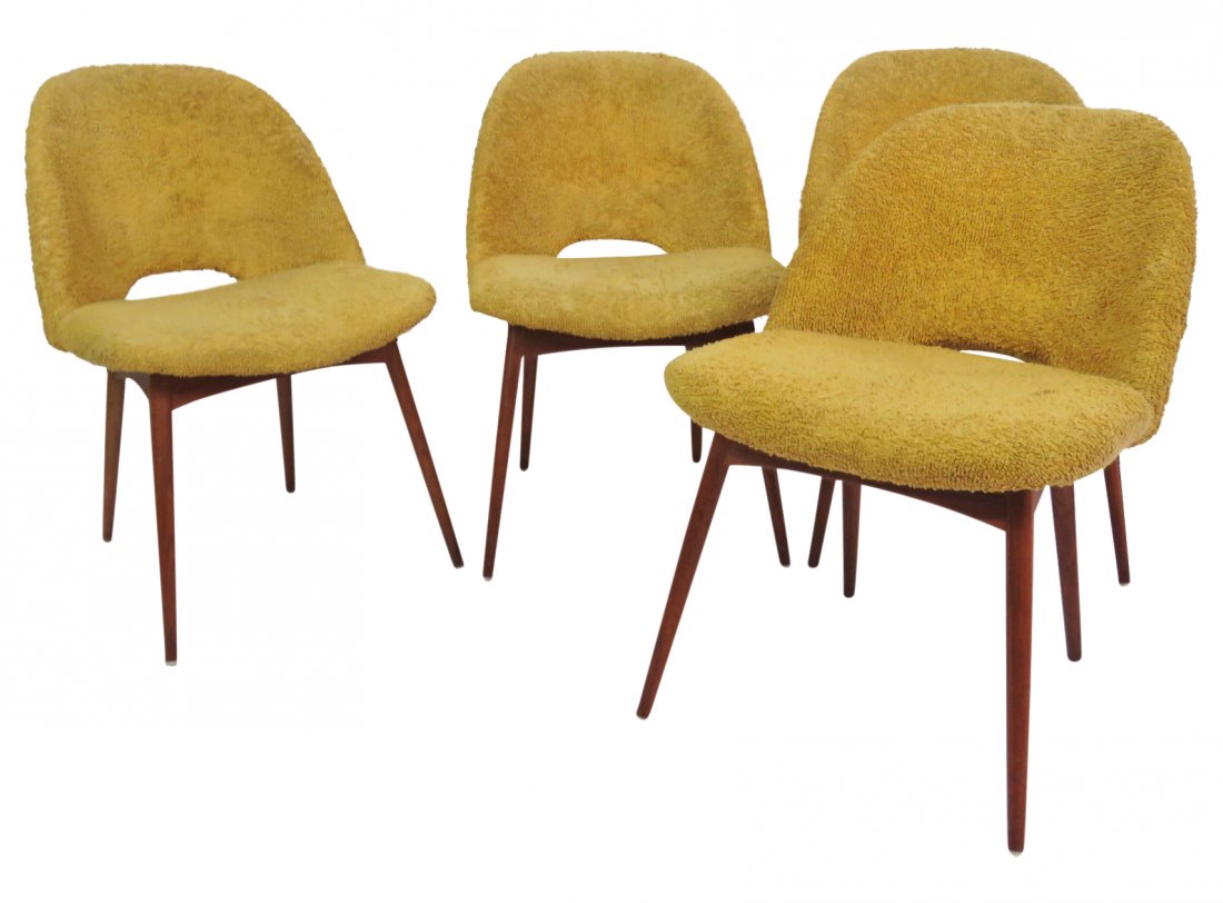 4 ADRIAN PEARSALL SCOOP CHAIRS: Yellow upholstery. Walnut legs. 31 1/2"h. x 23"w. x 21"d.