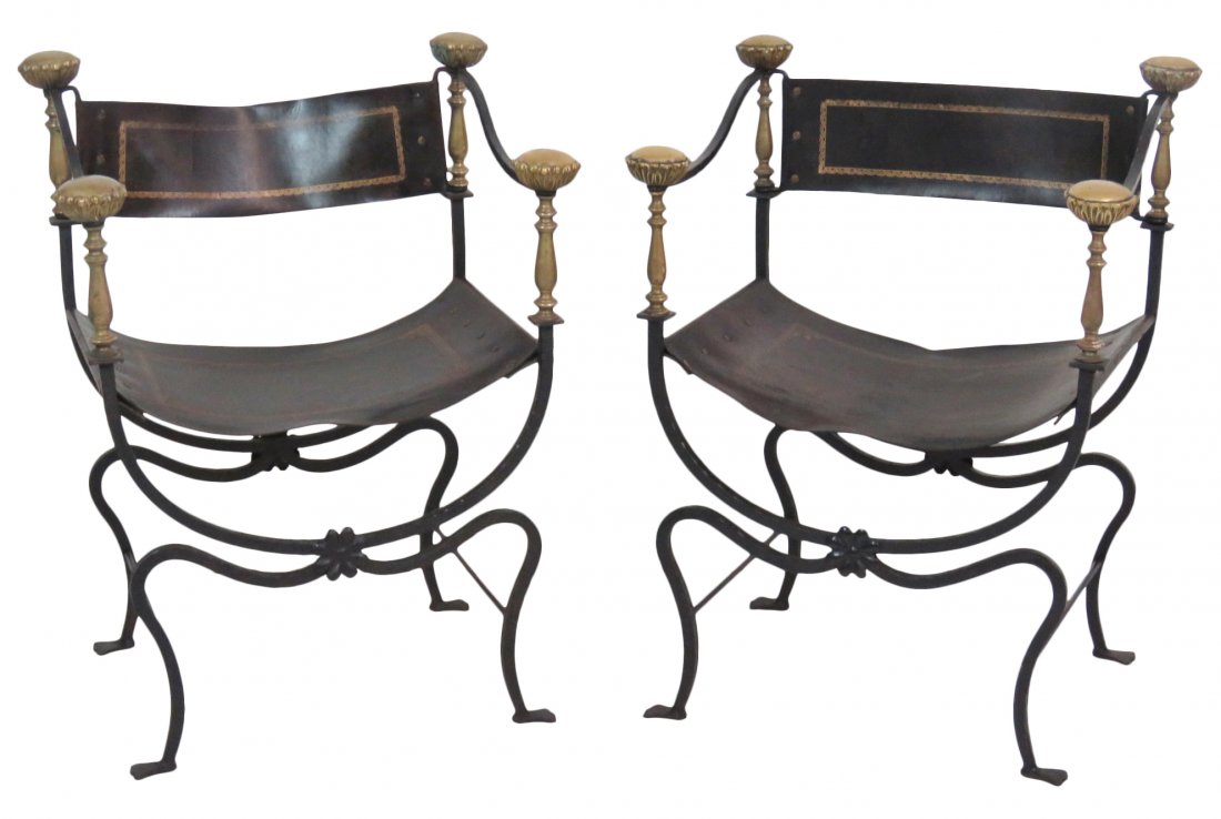 Pair ART DECO IRON & LEATHER CURULE CHAIRS (1 of 5)