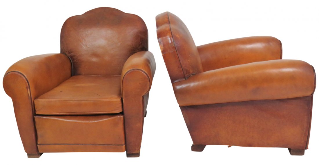 Pair FRENCH DECO LEATHER LOUNGE CHAIRS (1 of 8)