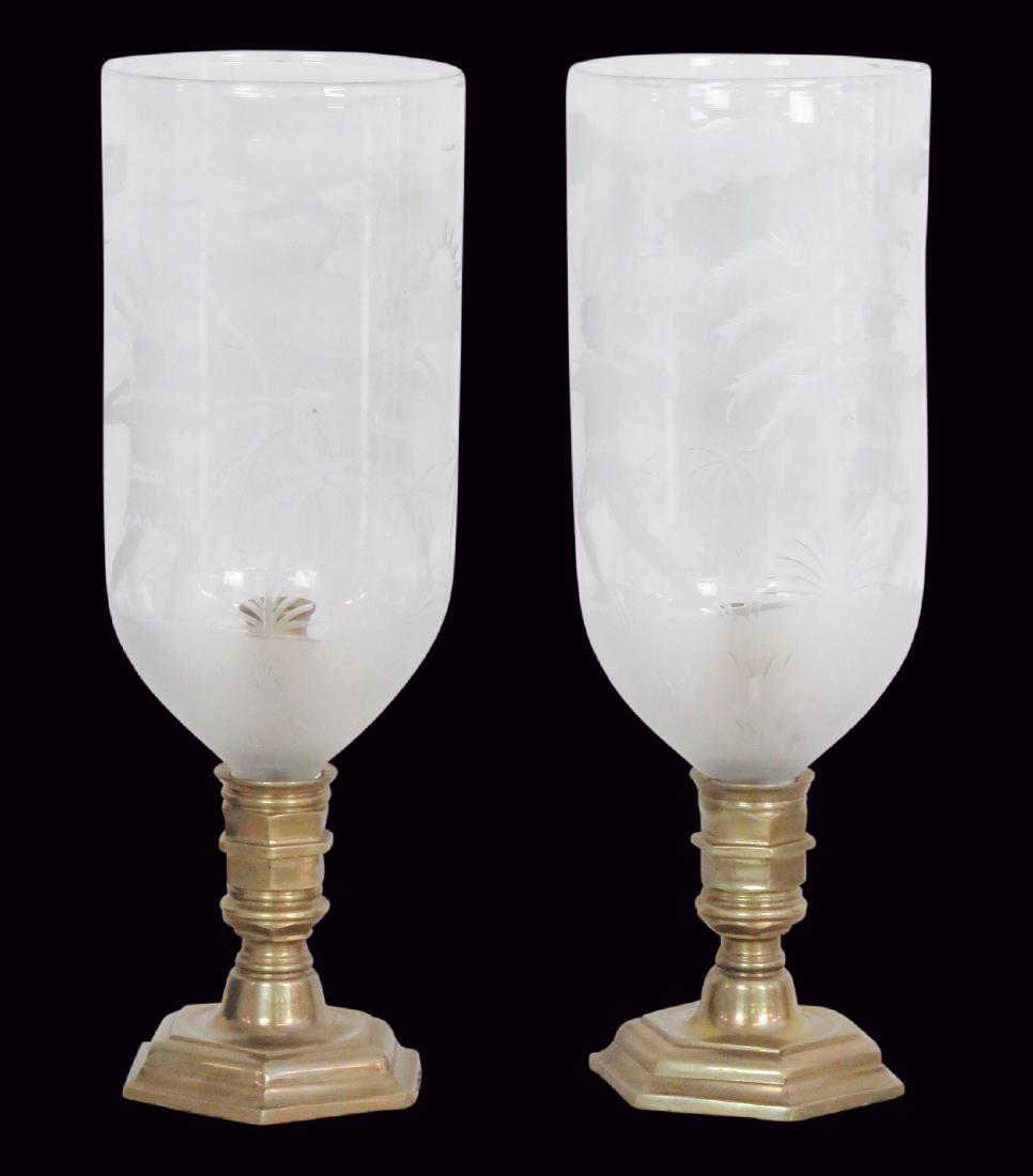 Pair BRASS & ETCHED GLASS CANDLEHOLDERS (1 of 7)
