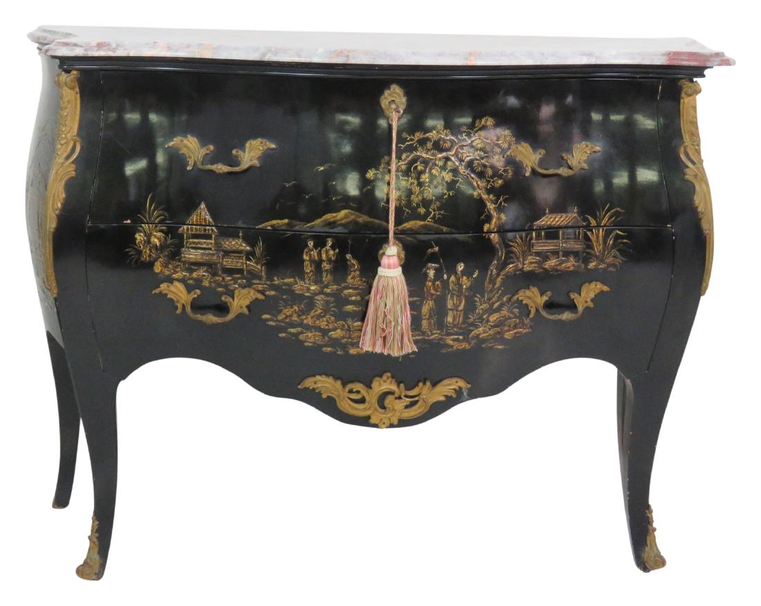 CHINOISERIE PAINT DECORATED EBONIZED MARBLETOP COMMODE (1 of 8)