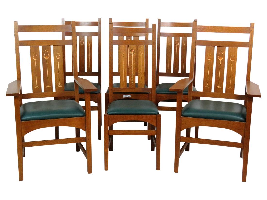 6 STICKLEY INLAID OAK DINING CHAIRS (1 of 6)