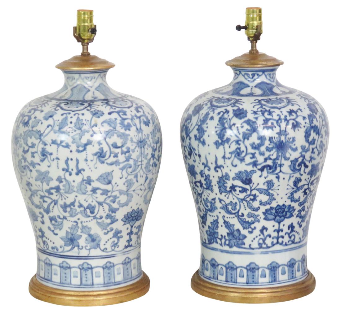 Pair ASIAN STYLE BLUE & WHITE PORCELAIN TABLE LAMPS (1 of 4)