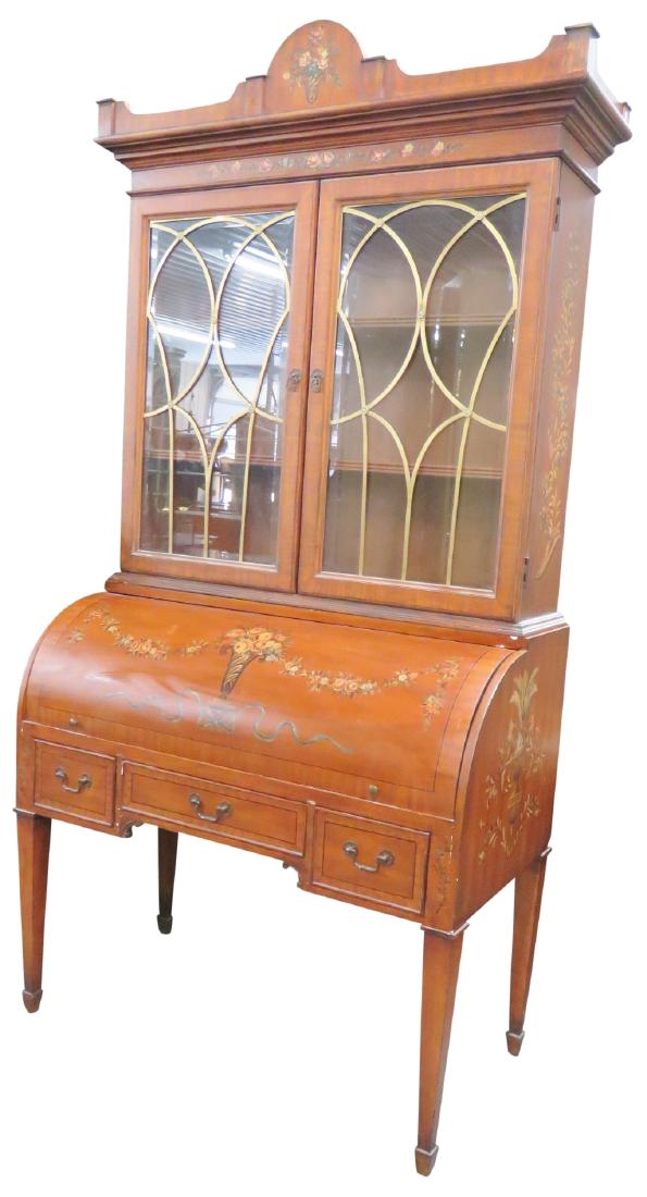 ADAMS STYLE PAINT DECORATED BOOKCASE CYLINDER DESK (1 of 6)