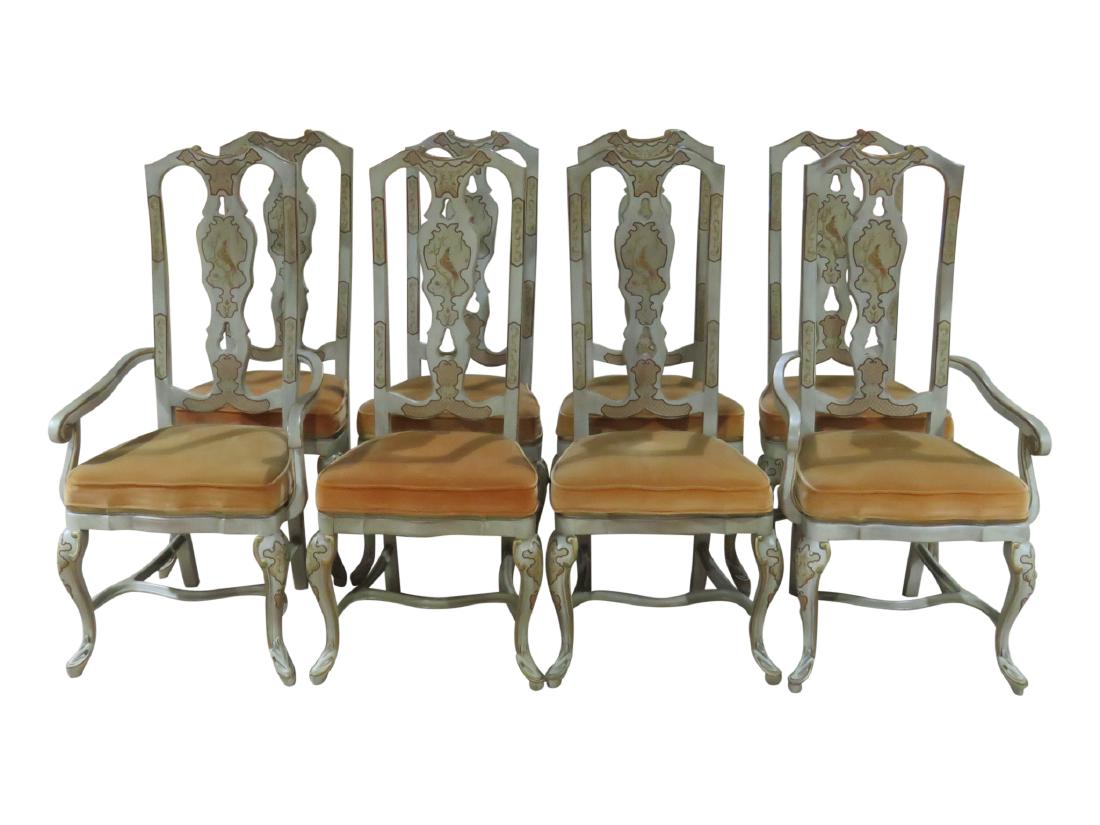 8 DREXEL HERITAGE PAINT DECORATED & GILT DINING CHAIRS (1 of 7)