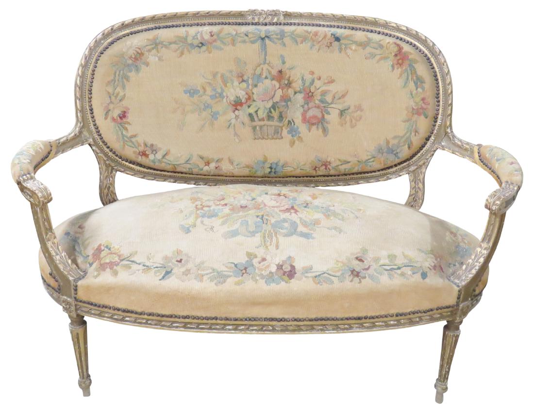 LOUIS XVI STYLE GILT CARVED AUBUSSON SETTEE (1 of 7)
