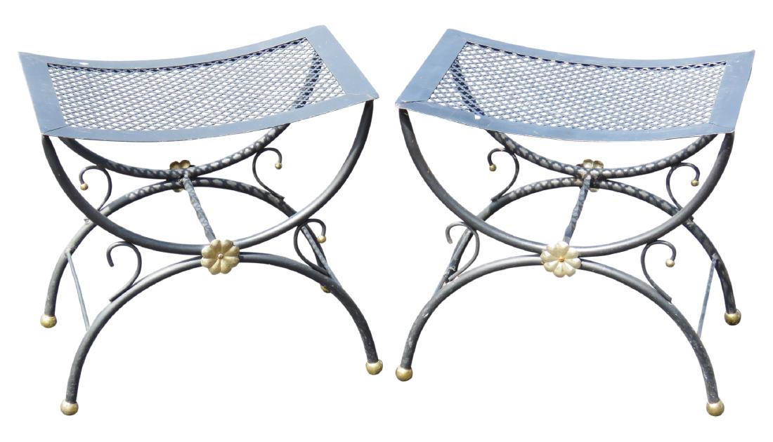 Pair BLACK METAL & GILT CERULE STOOLS (1 of 4)