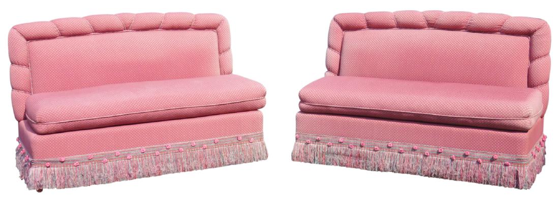 Pair CUSTOM UPHOLSTERED SETTEES: Decorative pink upholstery. 38 1/2"h. x 60"w. x 29"d.