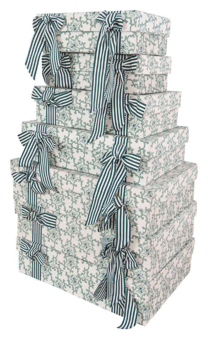 7 GREEN & CREAM DECORATIVE BOXES: Green and cream decoration with striped bows.