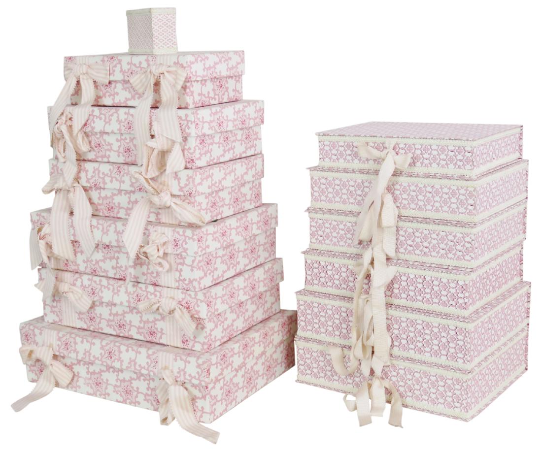 13 PINK & CREAM DECORATIVE BOXES: Pink and cream decoration with pink striped bows.