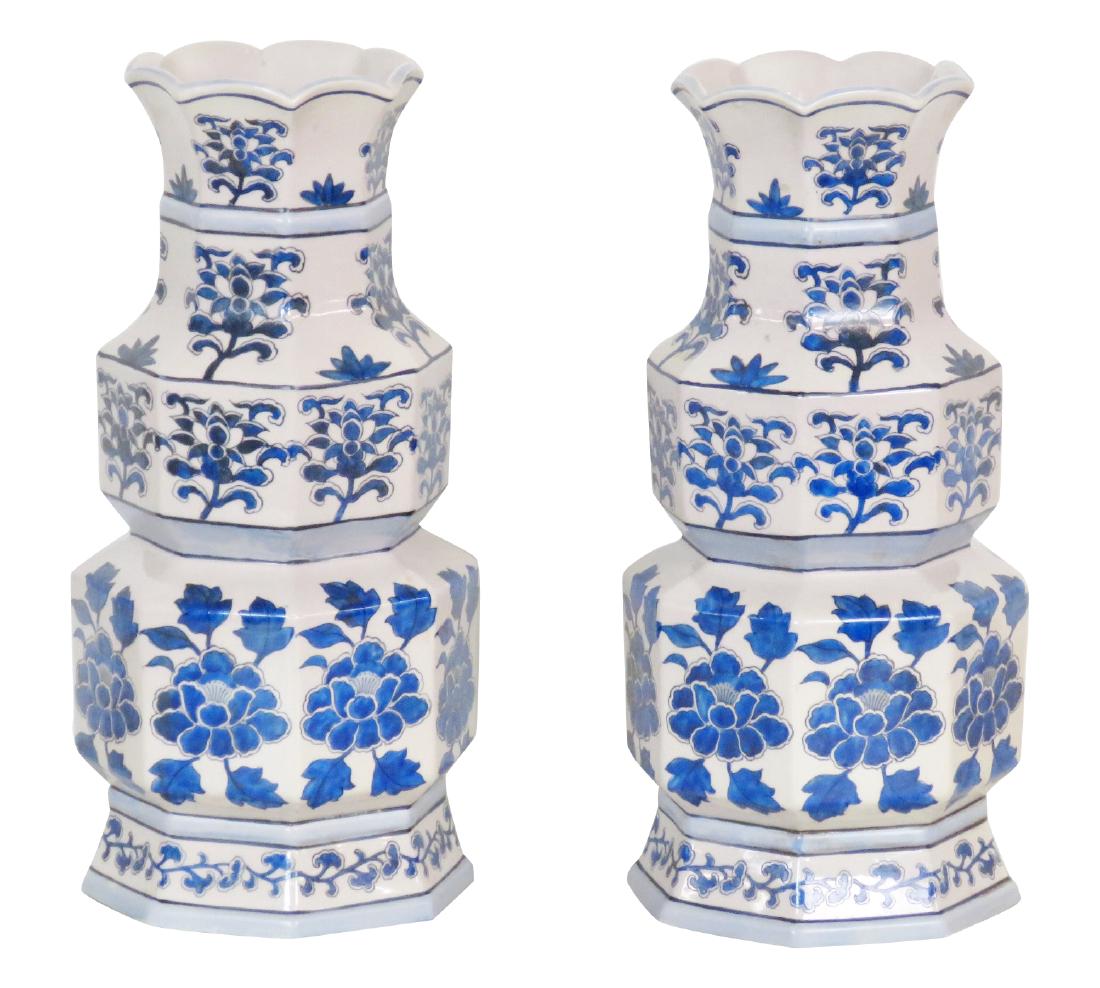 Pair ASIAN STYLE BLUE & WHITE PORCELAIN VASES (1 of 5)