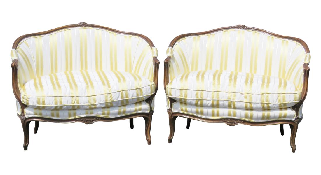 Pair LOUIS XVI STYLE CARVED WALNUT SETTEES (1 of 6)