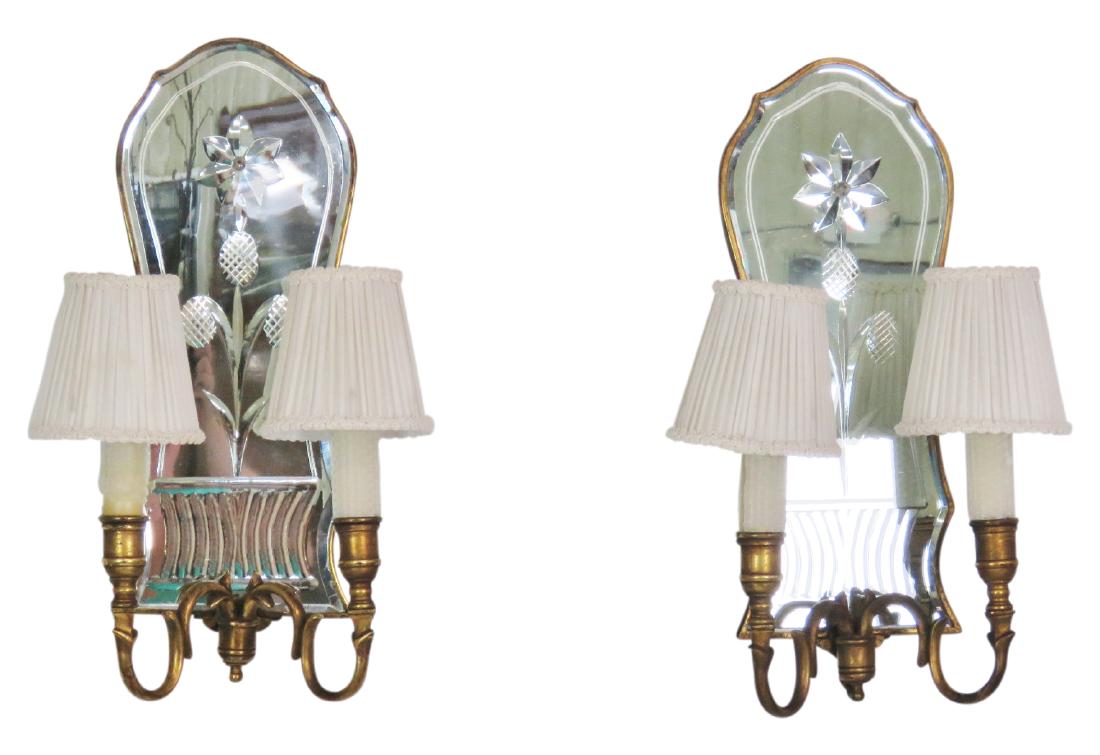 Pair ETCHED GLASS & BRASS HANGING SCONCES (1 of 5)